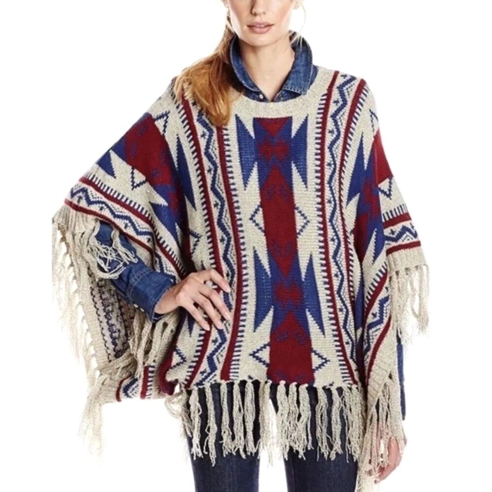 Artsy Boho Fringed Southwest Poncho Sweater Cowboy Western Yellowstone Medium